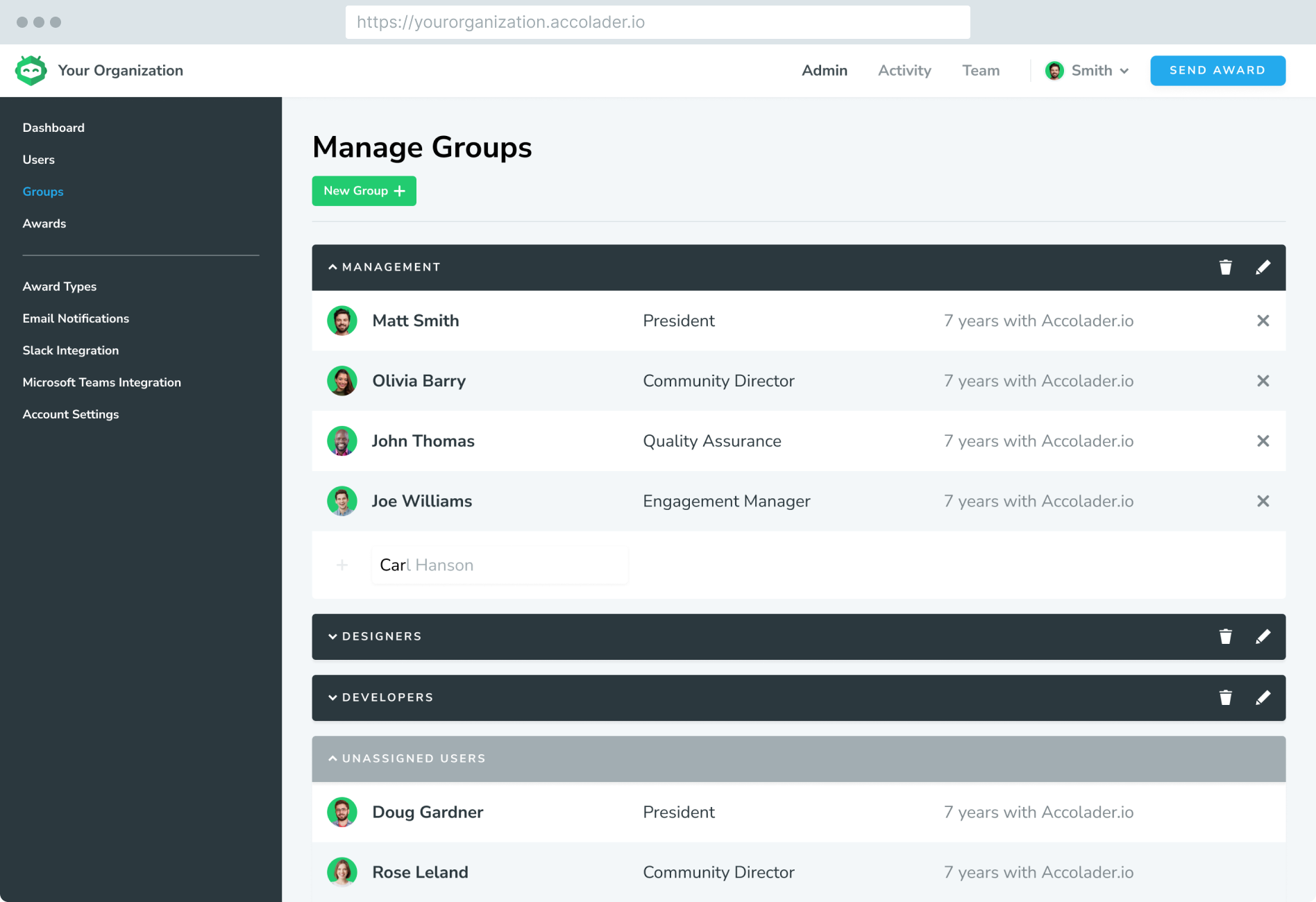 Admin Manage Groups Screenshot